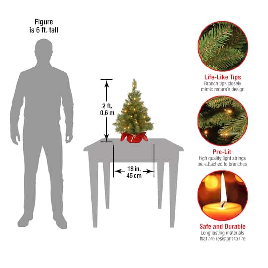 24" Pre-Lit Majestic Fir Tree In Burgundy Cloth Bag, Clear Lights